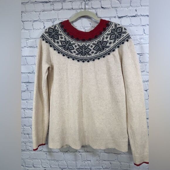 Anthropologie Tabitha Webb Cream Red Blue Fair Isle Preppy Ski Wool Sweater L - Picture 1 of 9